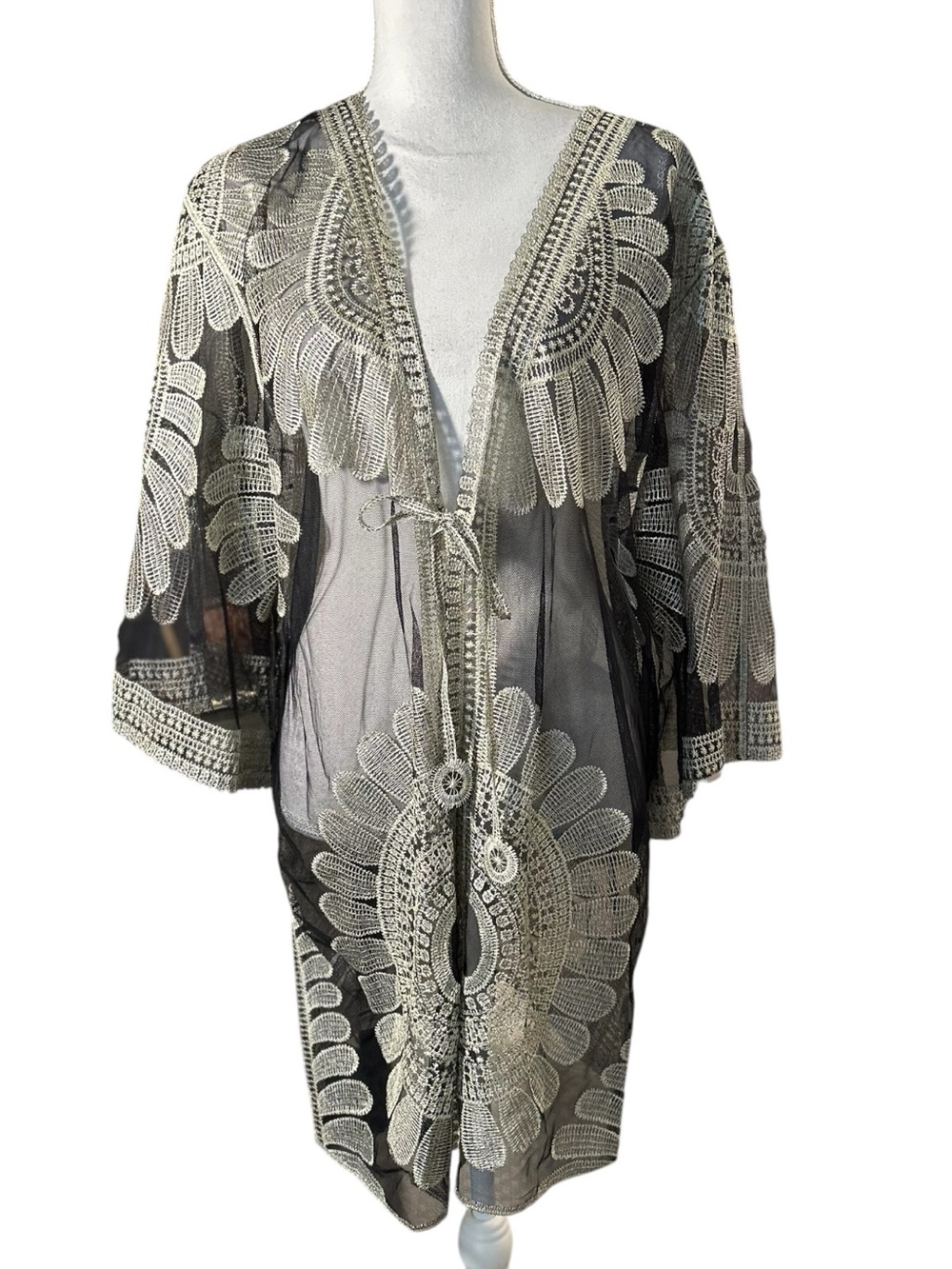 India Boutique Black Sheer Kimono Robe with Cream Embroidery